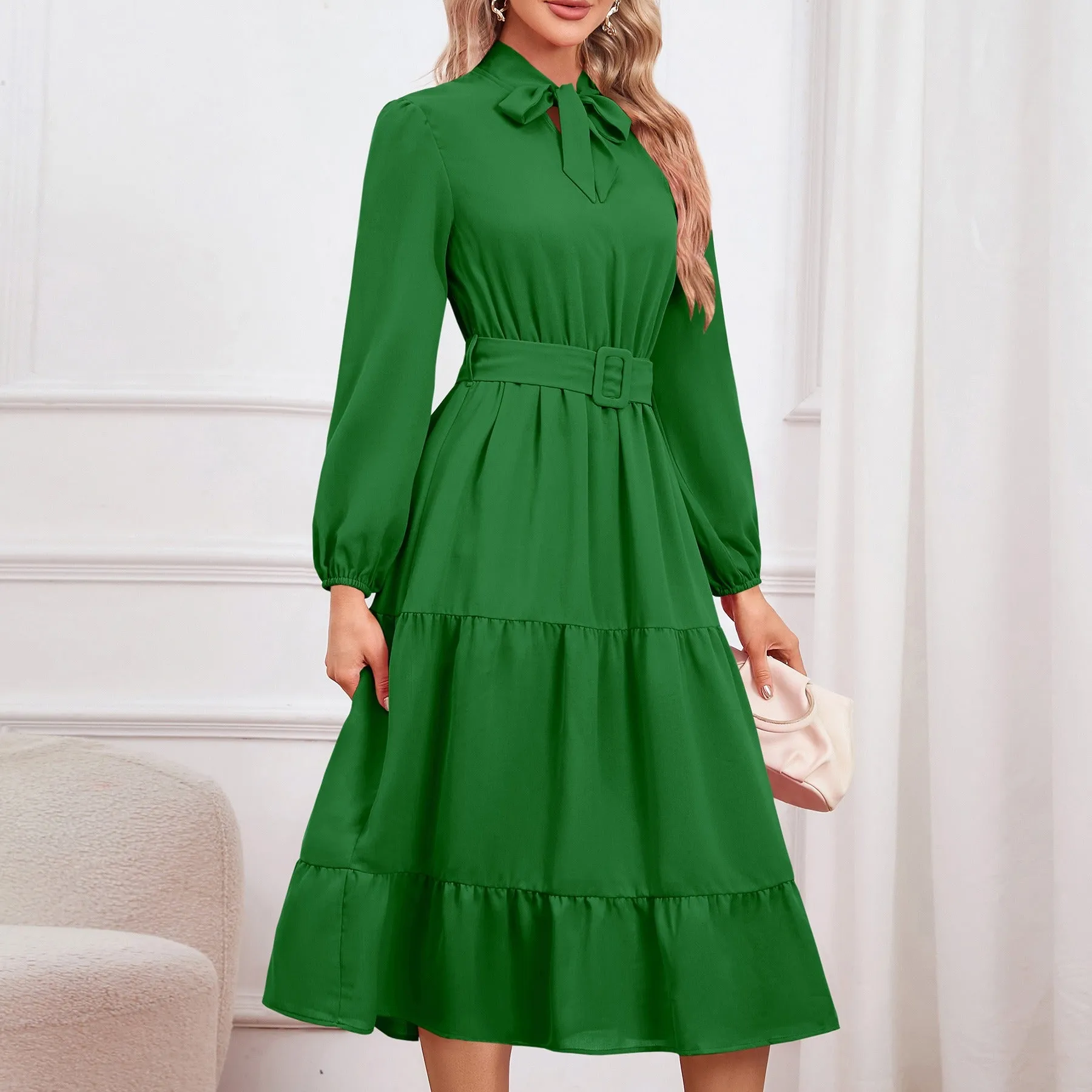 Flowy A-Line Tie Up Collar Dress
