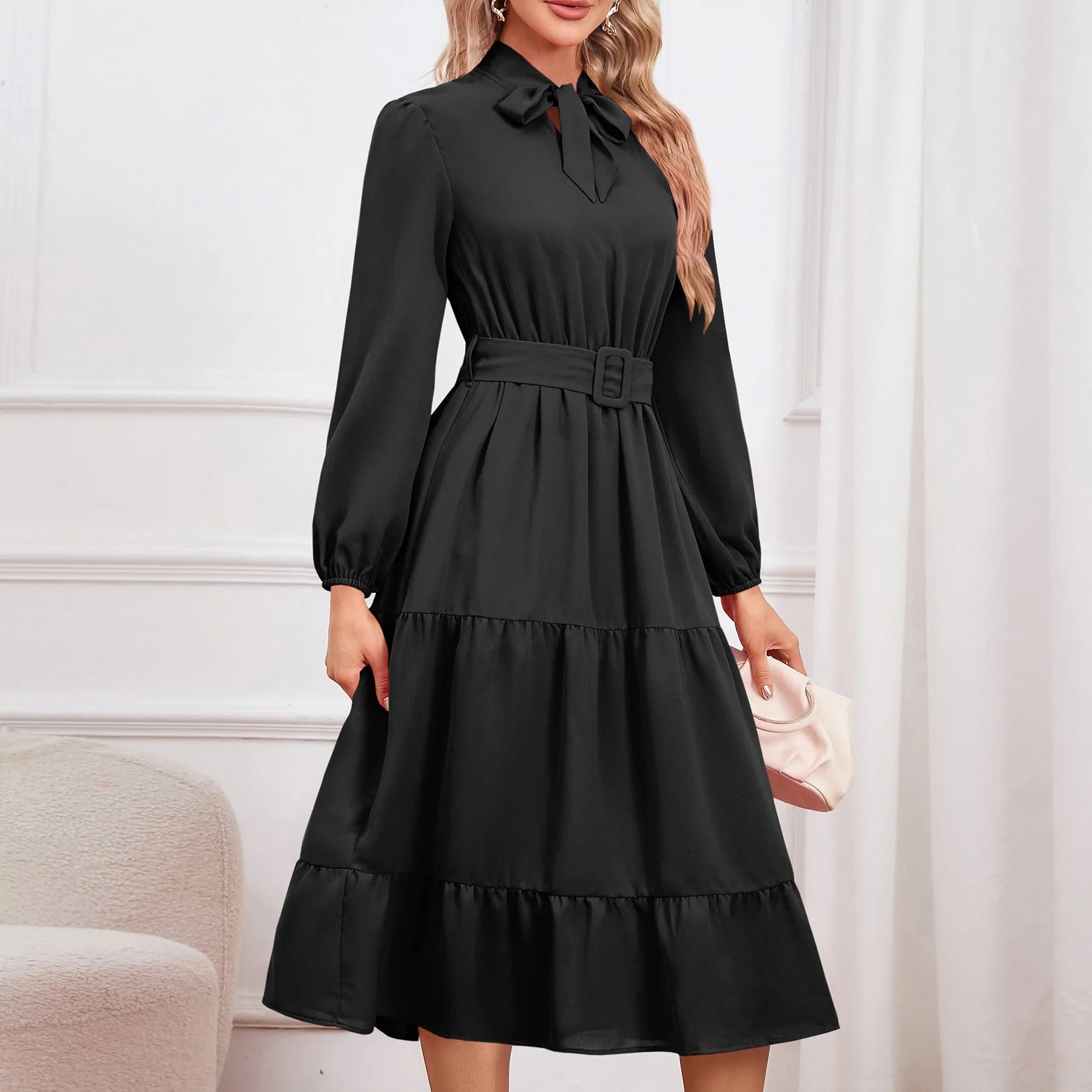 Flowy A-Line Tie Up Collar Dress