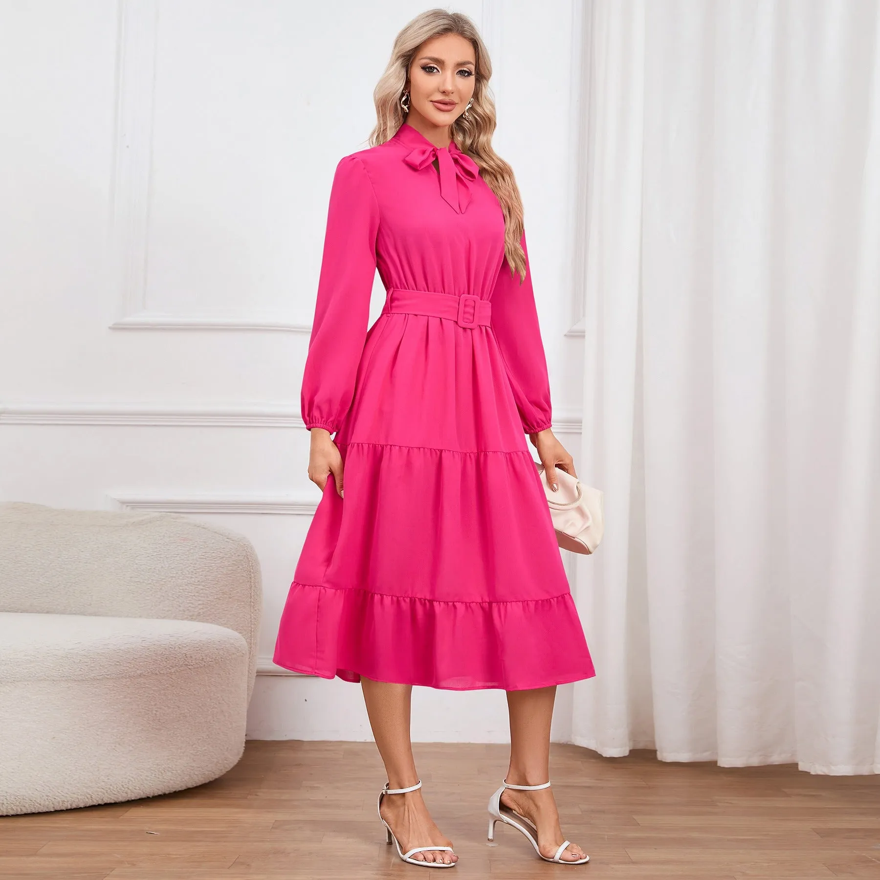 Flowy A-Line Tie Up Collar Dress