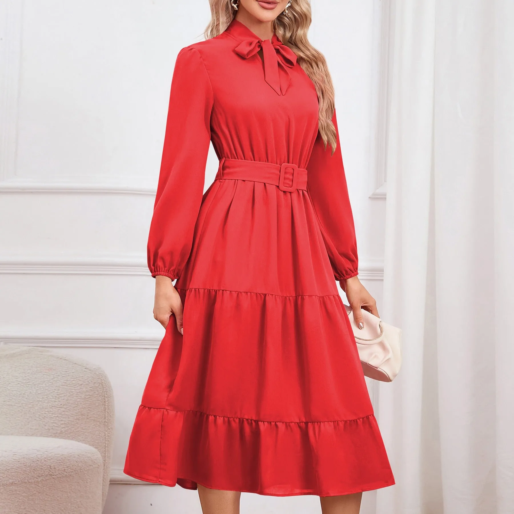 Flowy A-Line Tie Up Collar Dress