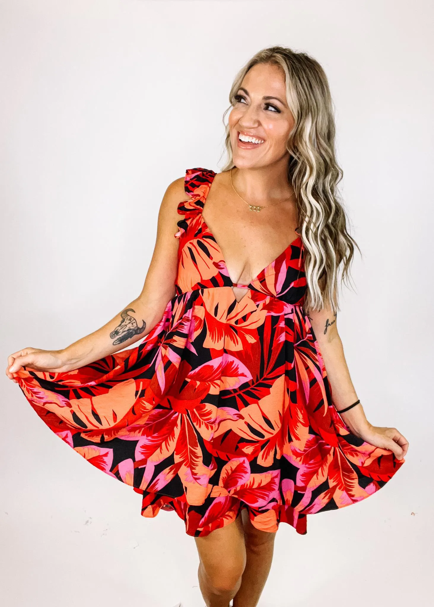 Flutter Sleeve Tropical Print Dress with Open Back