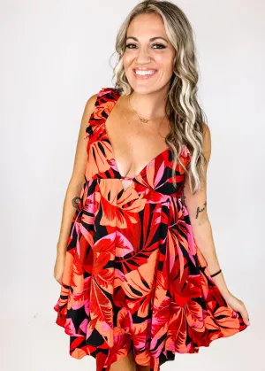Flutter Sleeve Tropical Print Dress with Open Back