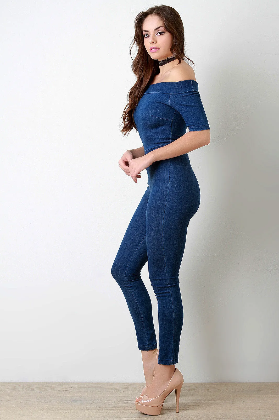 Folded Off-The-Shoulder Washed Denim Jumpsuit