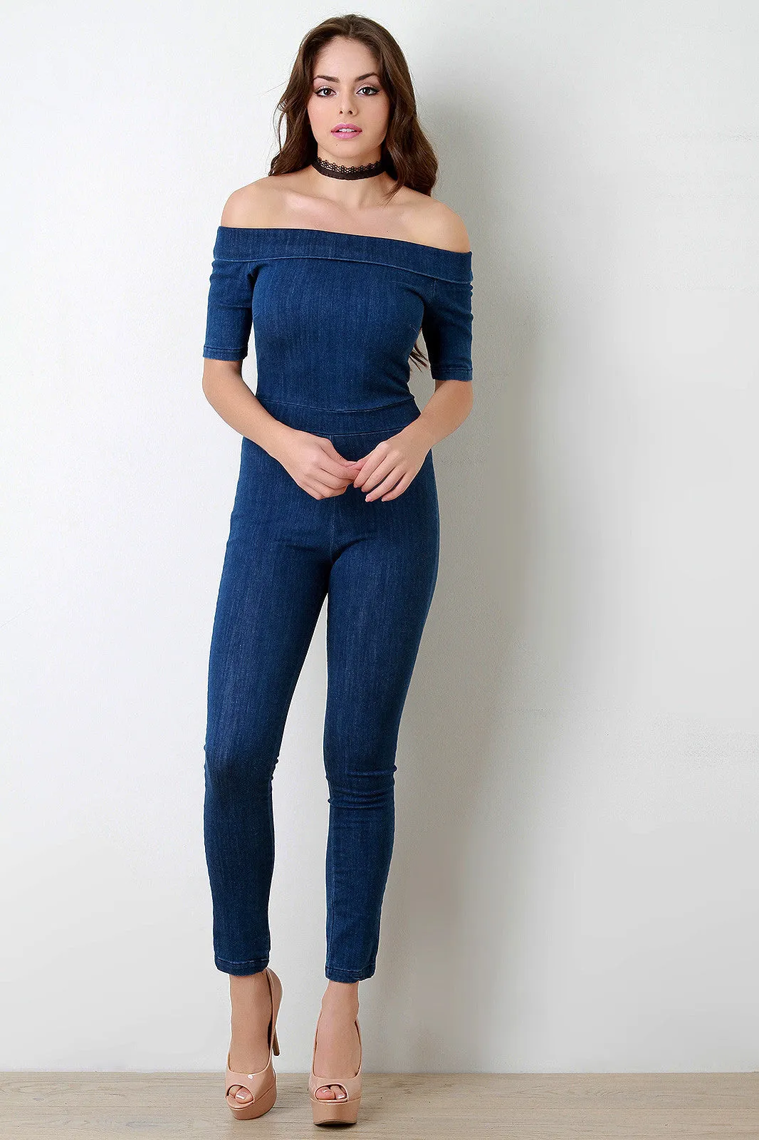 Folded Off-The-Shoulder Washed Denim Jumpsuit