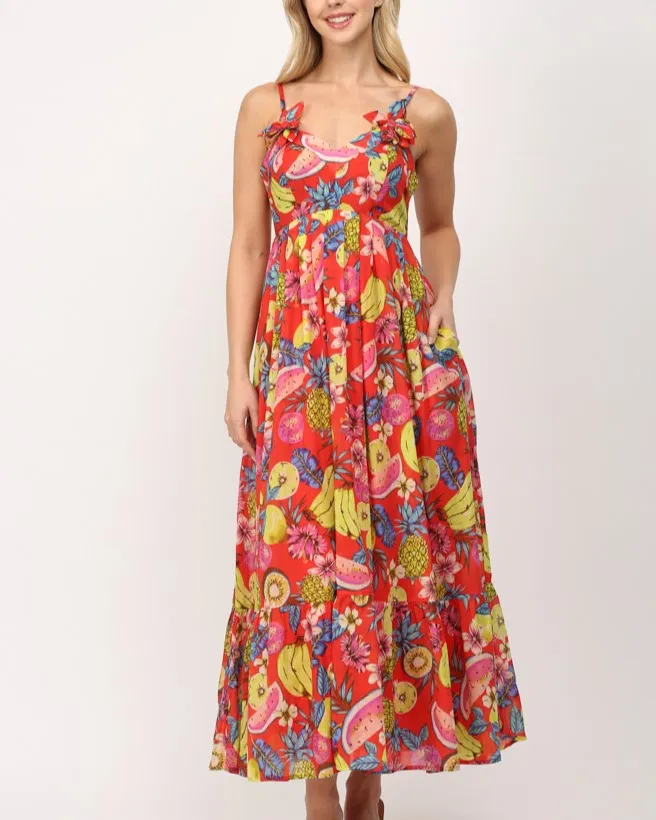 Fruit Motif Maxi Dress - Red Multi