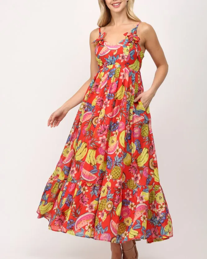 Fruit Motif Maxi Dress - Red Multi