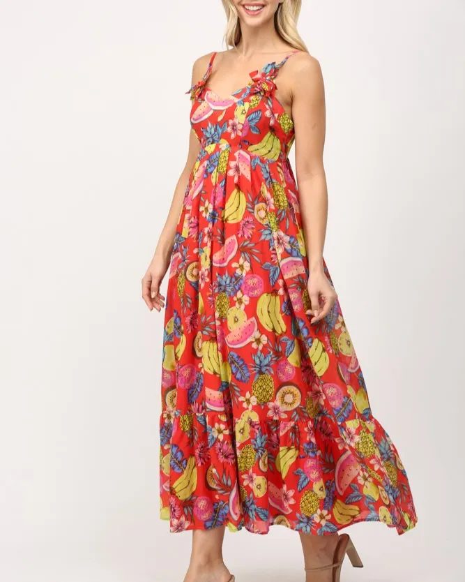 Fruit Motif Maxi Dress - Red Multi