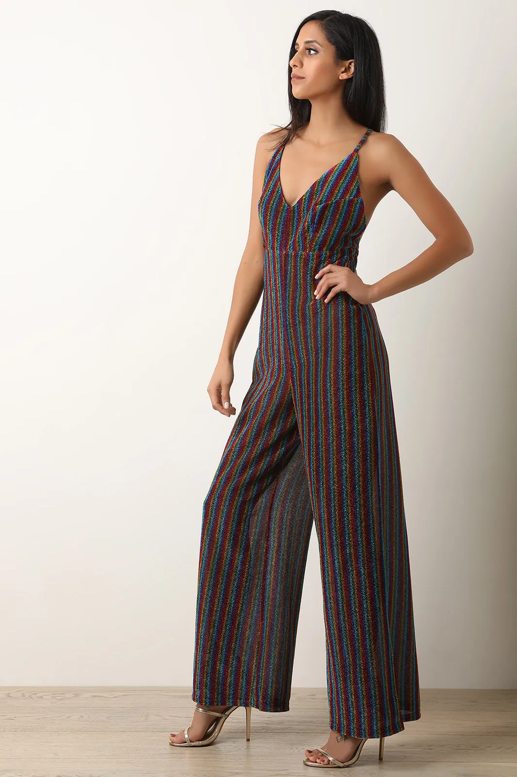 Glitter Stripe Cross Back Wide Leg Jumpsuit