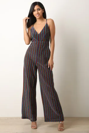 Glitter Stripe Cross Back Wide Leg Jumpsuit