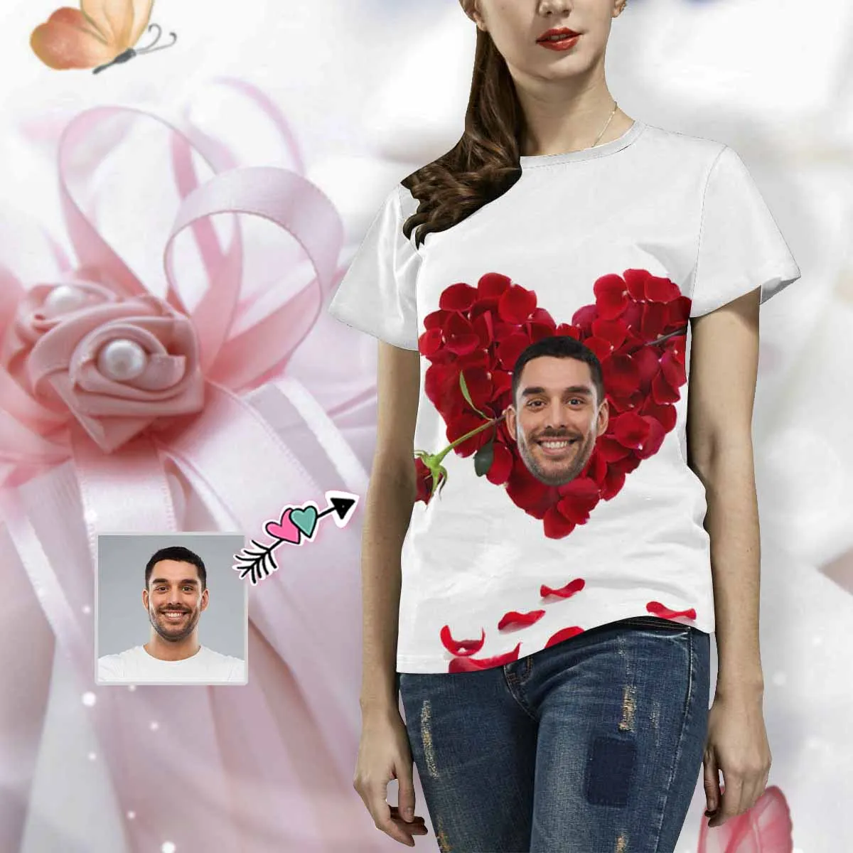 [Hot Sale] 50% Off-Custom Face Shirt Marriage Rose Women's All Over Print T-shirt Design Tee with Boyfriend Smile for Her