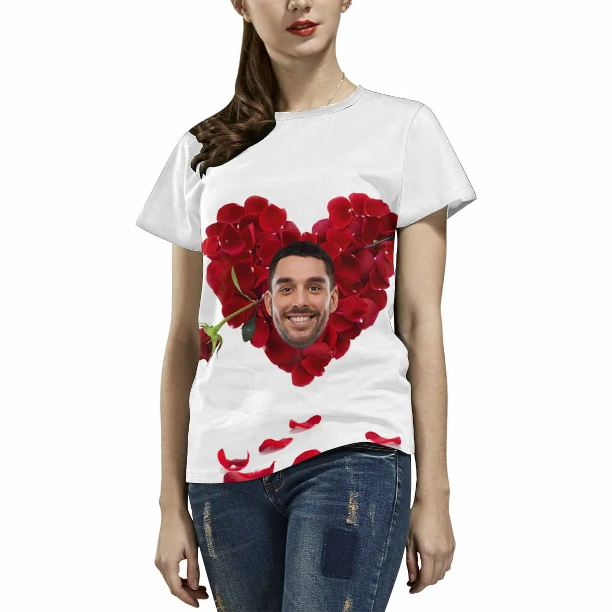 [Hot Sale] 50% Off-Custom Face Shirt Marriage Rose Women's All Over Print T-shirt Design Tee with Boyfriend Smile for Her