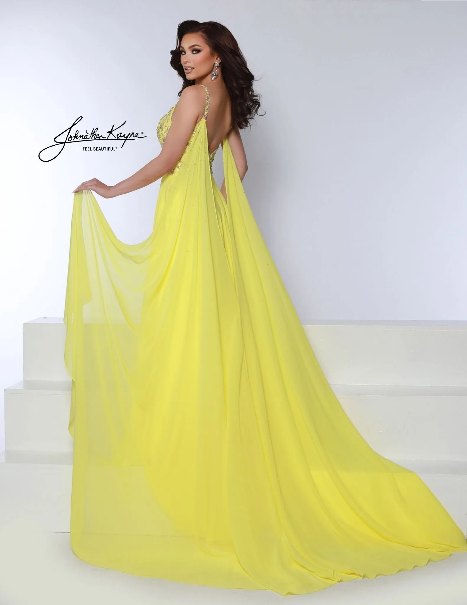 Johnathan Kayne 3048 Crystal A Line Pageant Dress Cape Chiffon Prom Dress V Neck