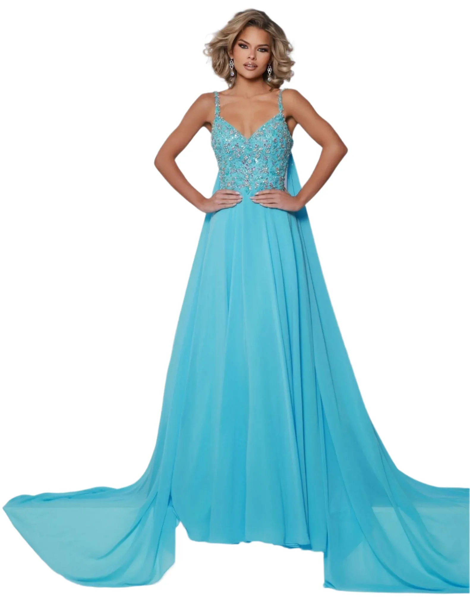 Johnathan Kayne 3048 Size 4 Hot Pink Crystal A Line Pageant Dress Cape Chiffon Prom Dress V Neck