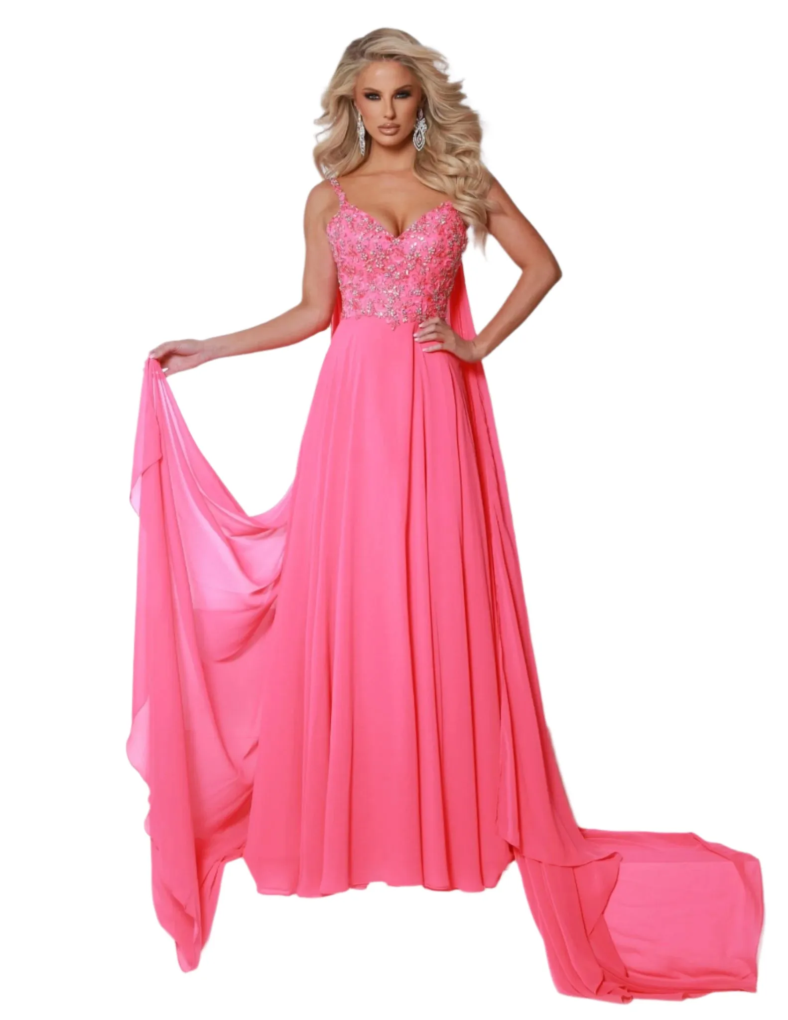 Johnathan Kayne 3048 Size 4 Hot Pink Crystal A Line Pageant Dress Cape Chiffon Prom Dress V Neck