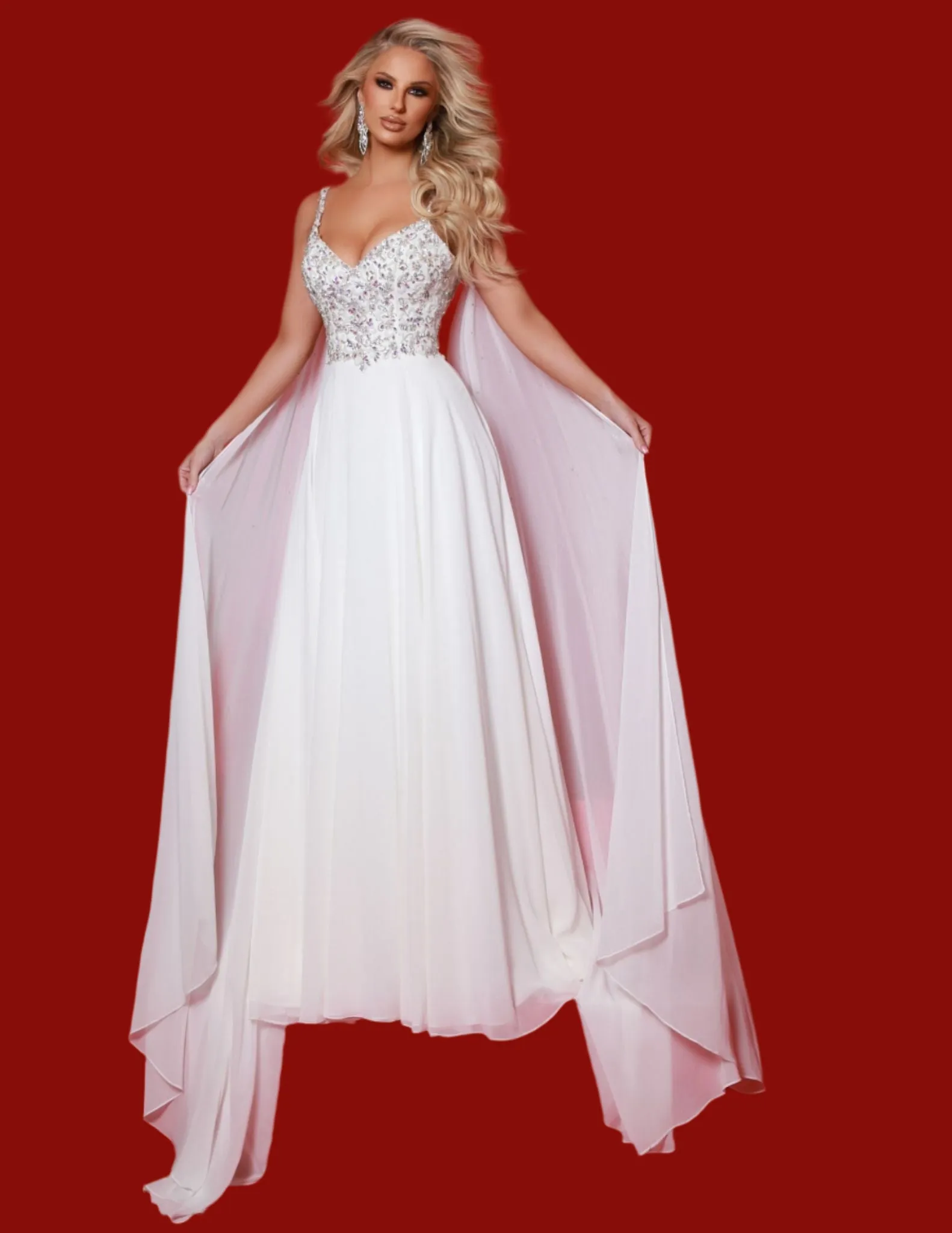 Johnathan Kayne 3048 Size 4 Hot Pink Crystal A Line Pageant Dress Cape Chiffon Prom Dress V Neck