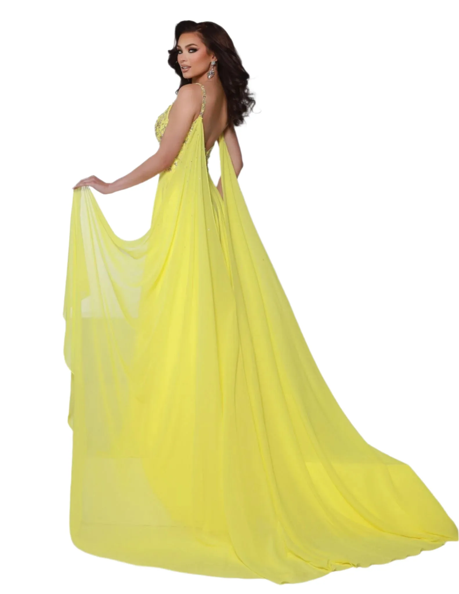 Johnathan Kayne 3048 Size 4 Hot Pink Crystal A Line Pageant Dress Cape Chiffon Prom Dress V Neck