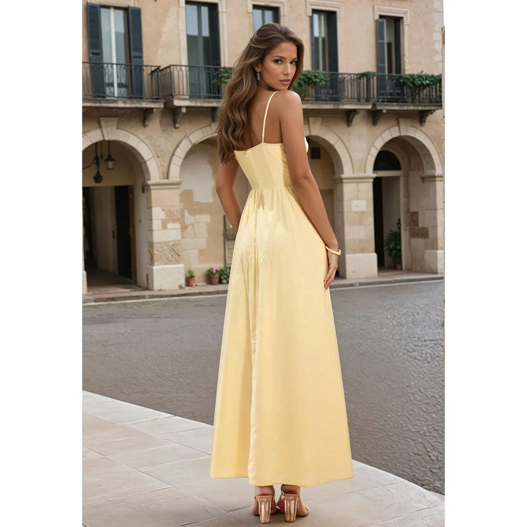 KATARINA Soft Yellow V Neck Spaghetti Strap Flowy Maxi Dress