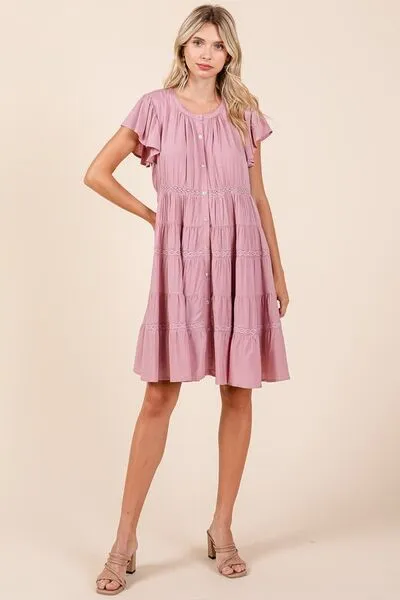 Lace Detail Ruffled Button Down Tiered Dress