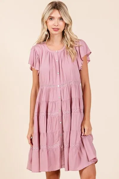 Lace Detail Ruffled Button Down Tiered Dress