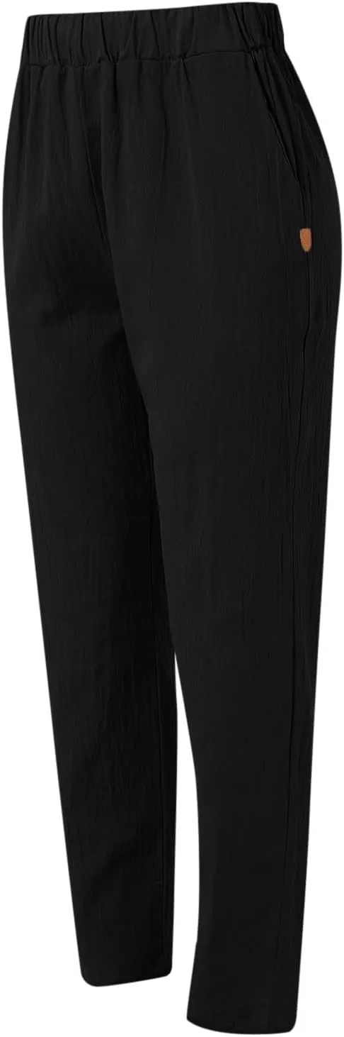Linen Pants Women 2025 Elastic Waist Straight Leg Lounge Pants Solid Color Lightweight Trendy Trousers with Pocket