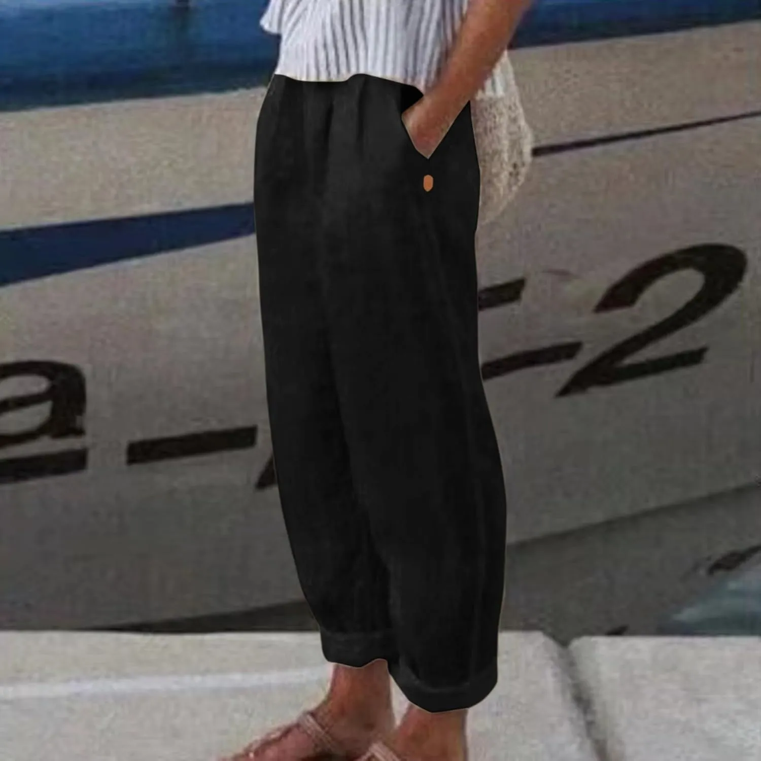 Linen Pants Women 2025 Elastic Waist Straight Leg Lounge Pants Solid Color Lightweight Trendy Trousers with Pocket