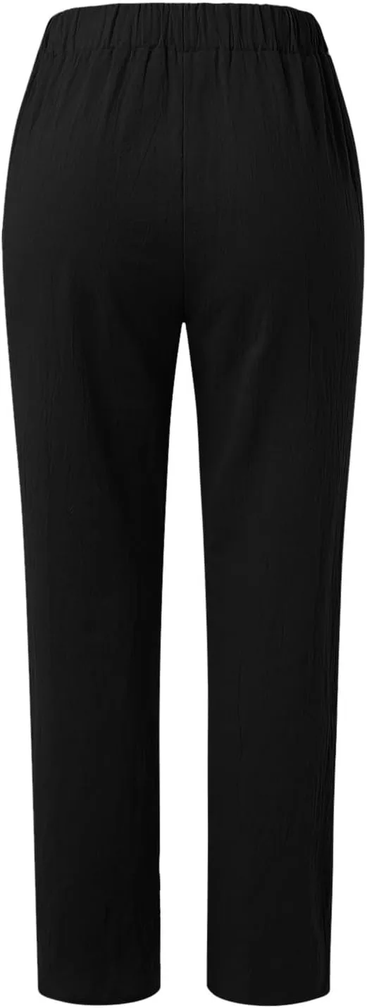Linen Pants Women 2025 Elastic Waist Straight Leg Lounge Pants Solid Color Lightweight Trendy Trousers with Pocket