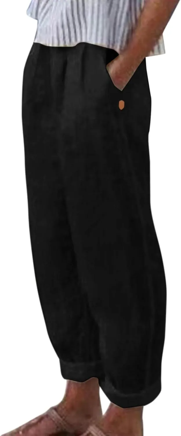 Linen Pants Women 2025 Elastic Waist Straight Leg Lounge Pants Solid Color Lightweight Trendy Trousers with Pocket