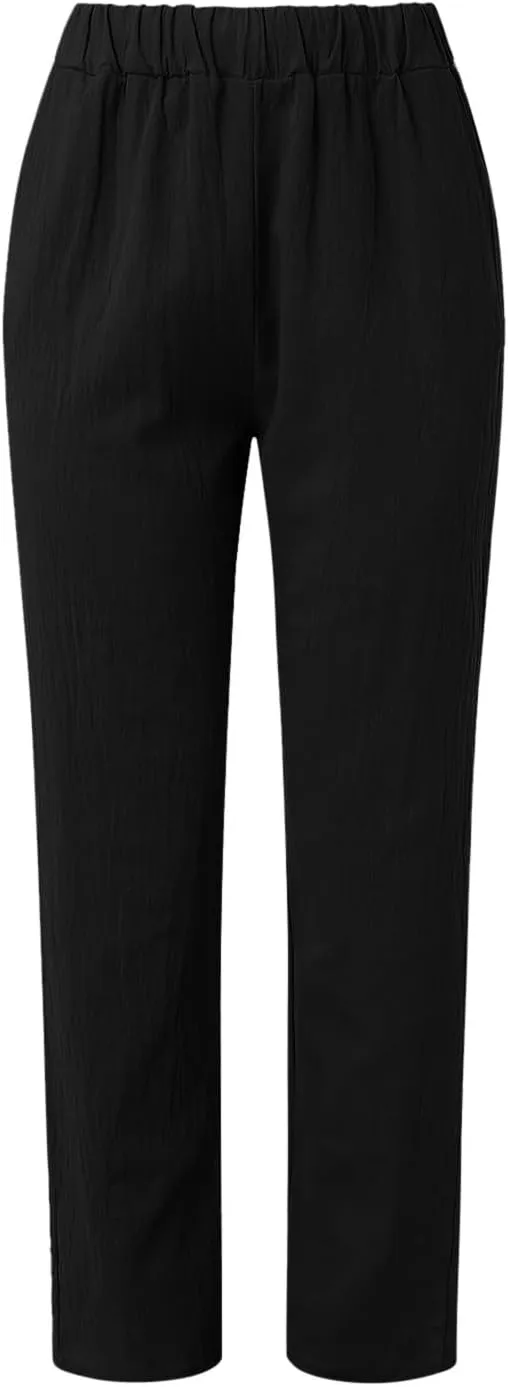 Linen Pants Women 2025 Elastic Waist Straight Leg Lounge Pants Solid Color Lightweight Trendy Trousers with Pocket