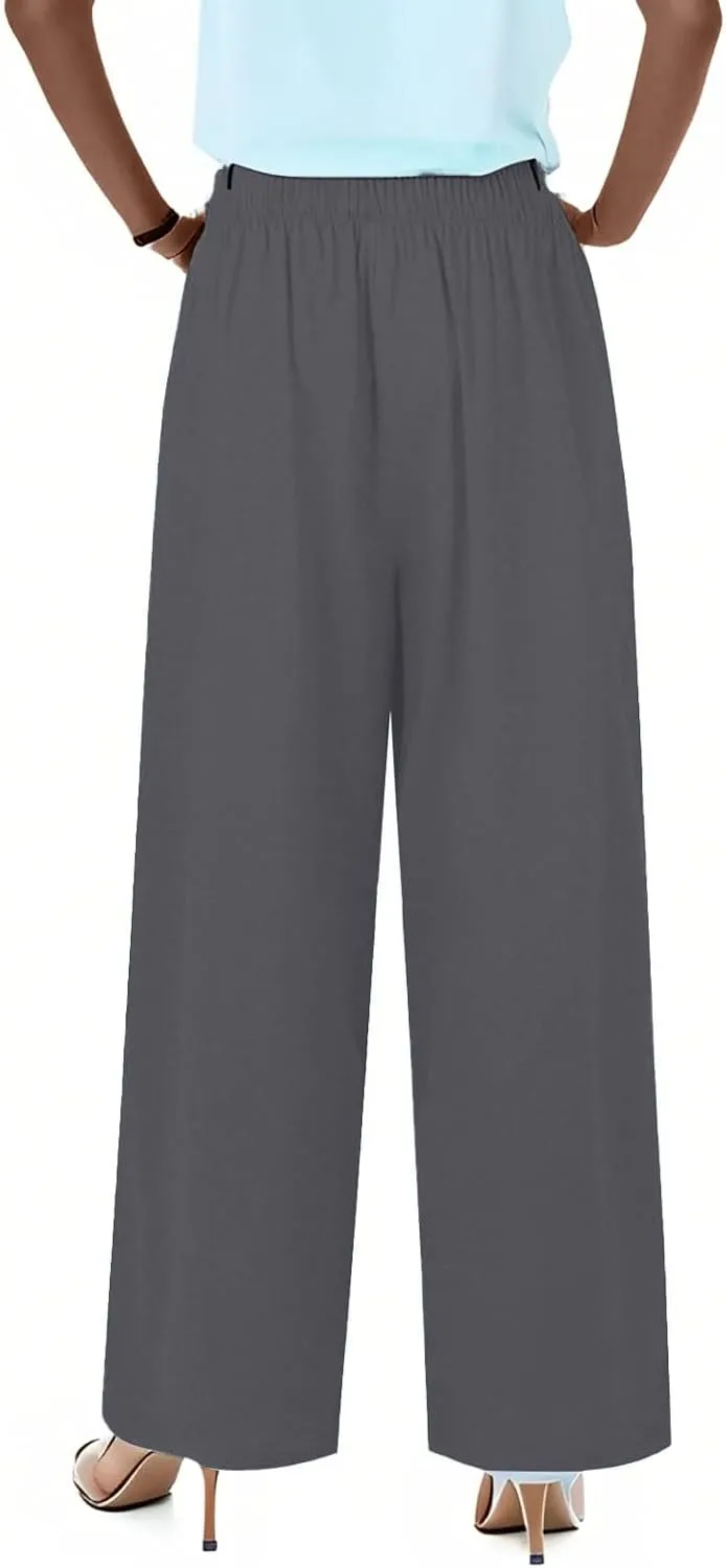 Linen Pants Women Drawstring Elastic Waist Wide Leg Loose Fit Summer Trouser Palazzo Pants Women with Pockets