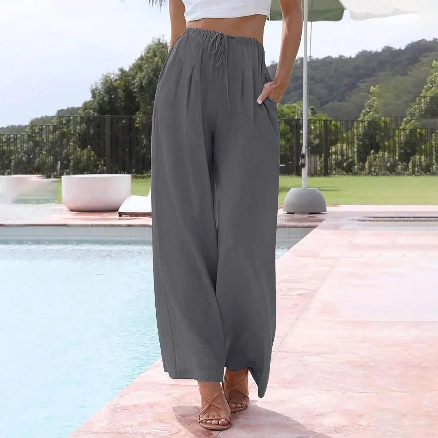 Linen Pants Women Drawstring Elastic Waist Wide Leg Loose Fit Summer Trouser Palazzo Pants Women with Pockets