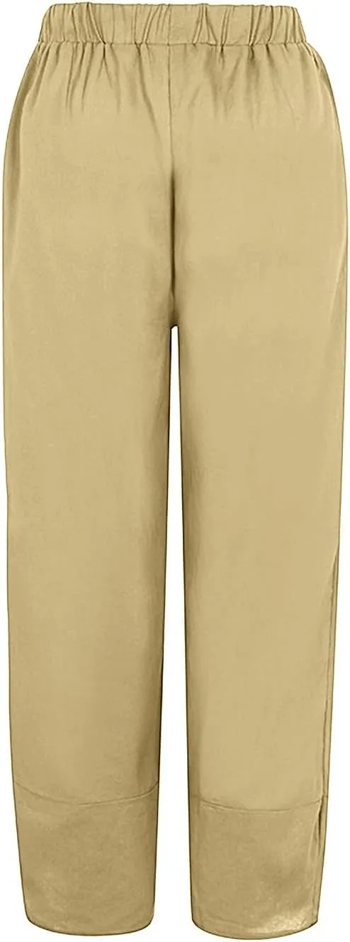 Linen Pants Women Petite Casual Summer Loose Boho Straight Leg Solid Color High Waist Linen Pants Plus Size Ankle Trousers