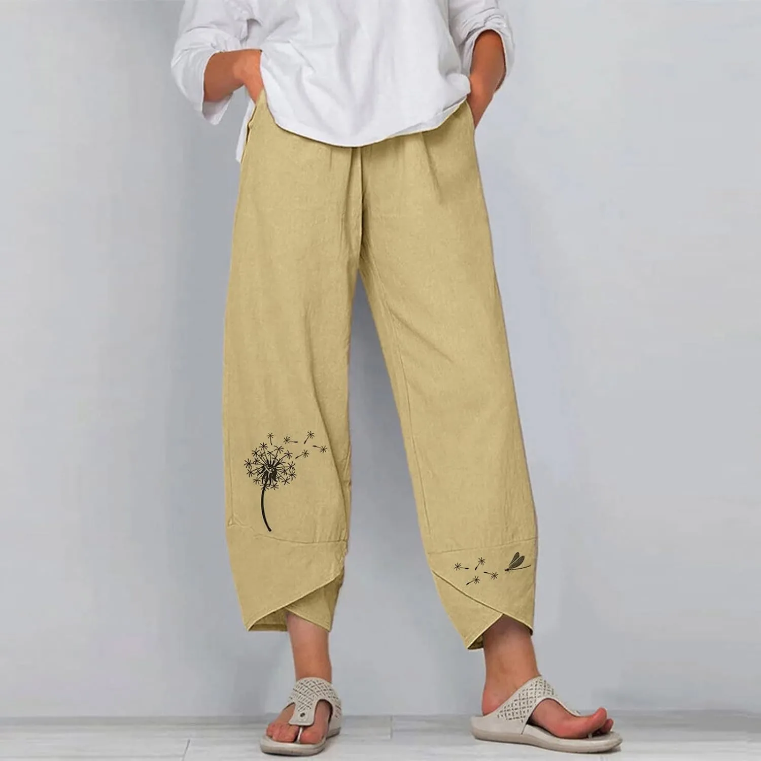Linen Pants Women Petite Casual Summer Loose Boho Straight Leg Solid Color High Waist Linen Pants Plus Size Ankle Trousers