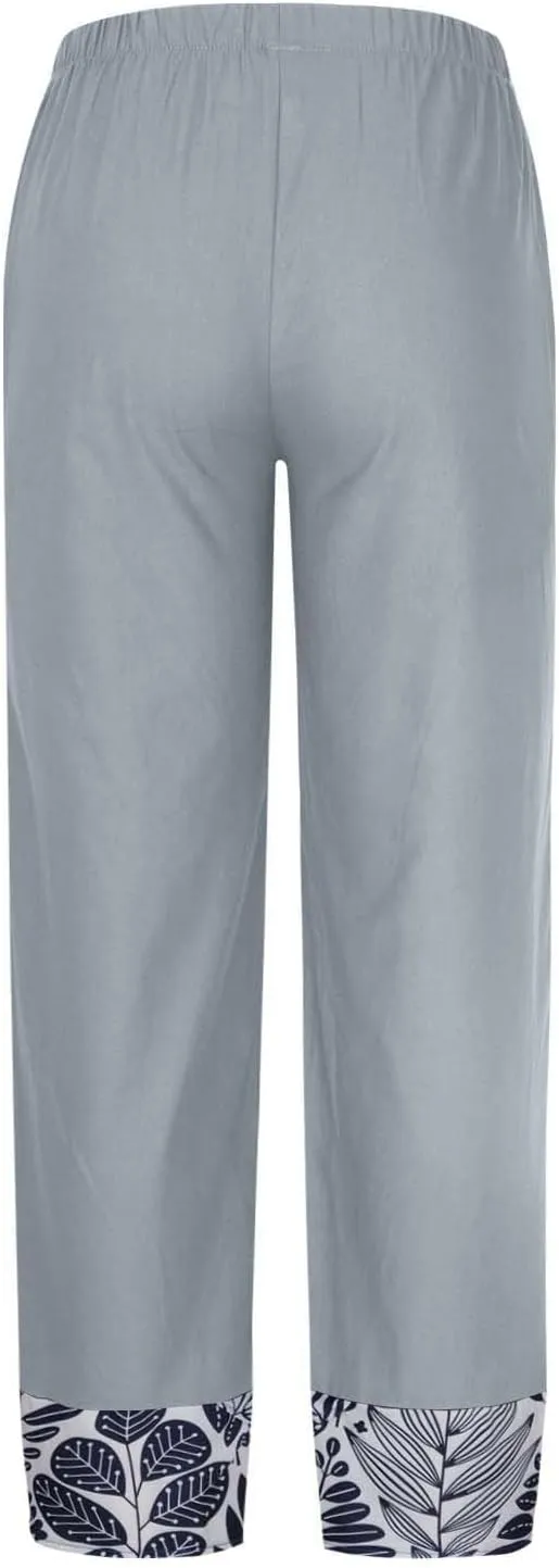 Linen Pants Women Summer Trendy Casual Pants Elastic Waisted Spliced Printed Loose Fit Lounge Trousers with Pockets