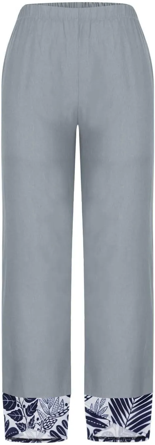 Linen Pants Women Summer Trendy Casual Pants Elastic Waisted Spliced Printed Loose Fit Lounge Trousers with Pockets
