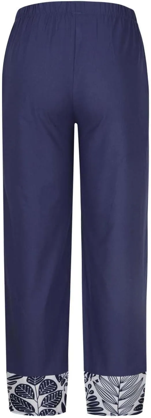 Linen Pants Women Summer Trendy Casual Pants Elastic Waisted Spliced Printed Loose Fit Lounge Trousers with Pockets