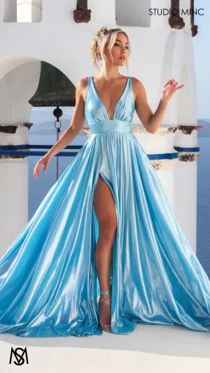 Lustre - Sky Baby Blue Formal Dress, Metallic V Plunge Neckline with leg Split