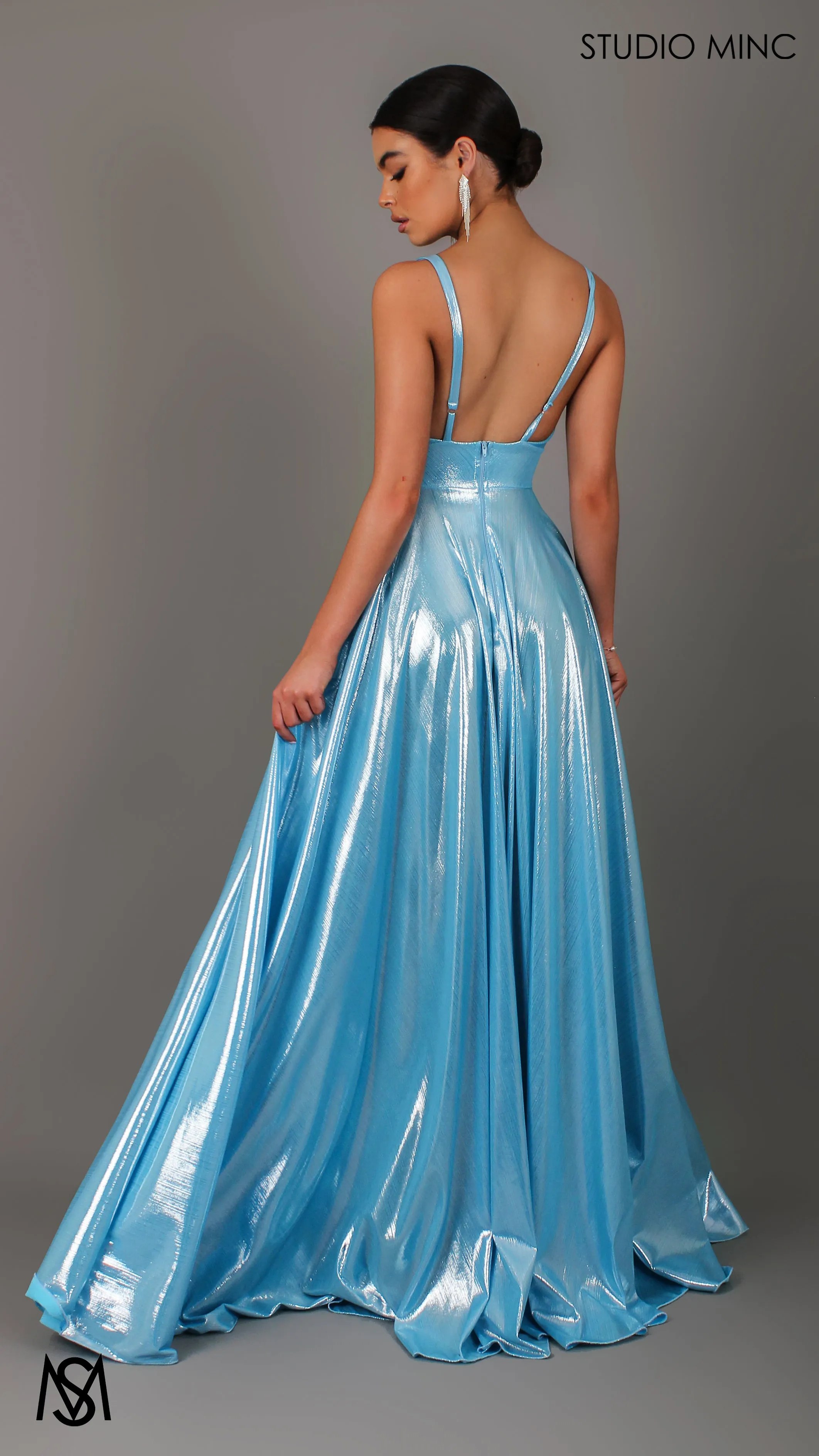 Lustre - Sky Baby Blue Formal Dress, Metallic V Plunge Neckline with leg Split