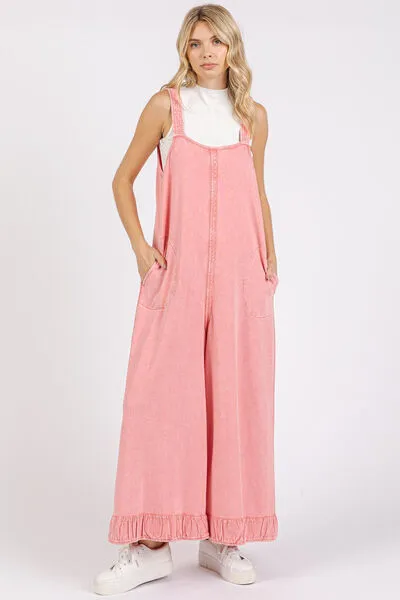 Mittoshop Watermelon Pink Ruffled Hem Wide Leg Overalls with Pockets