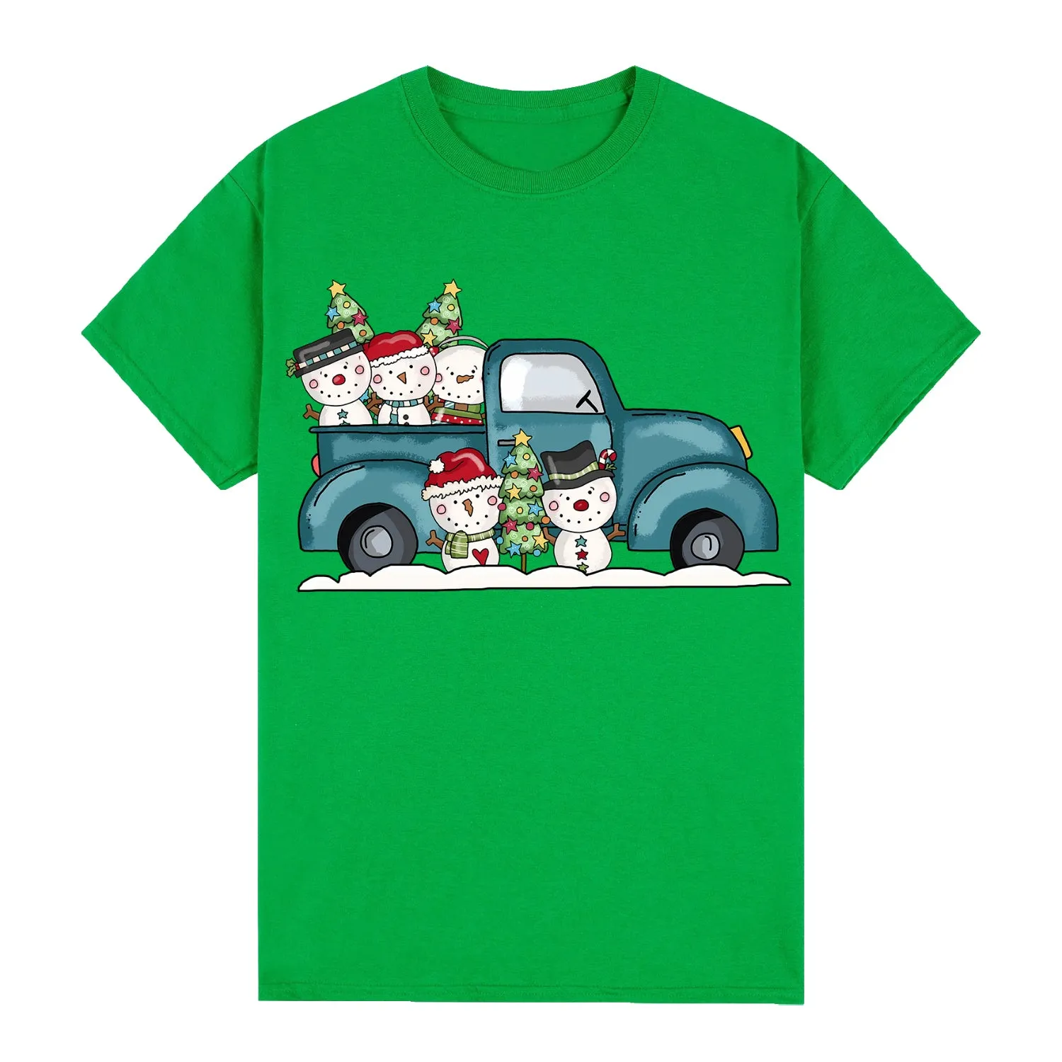 NNEDSZ 100% Cotton Christmas T-shirt Adult Unisex Tee Tops Funny Santa Party Custume, Car with Snowman (Green), XL