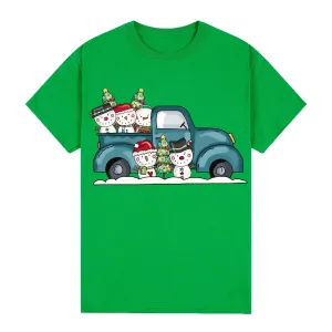 NNEDSZ 100% Cotton Christmas T-shirt Adult Unisex Tee Tops Funny Santa Party Custume, Car with Snowman (Green), XL