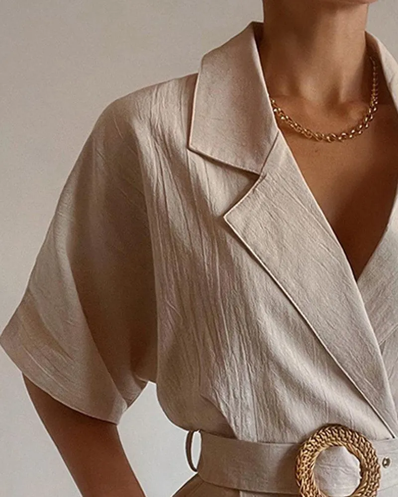 Notched Collar Short Sleeve Romper