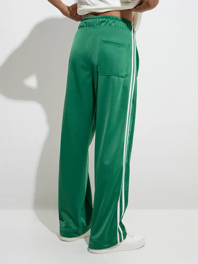 Nuon Jade Green Striped Relaxed-Fit Mid-Rise Track Pants
