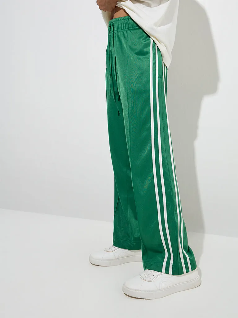 Nuon Jade Green Striped Relaxed-Fit Mid-Rise Track Pants