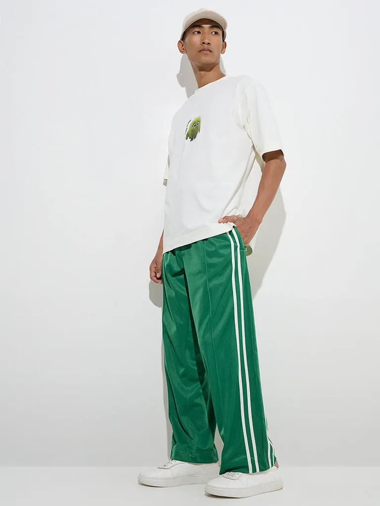 Nuon Jade Green Striped Relaxed-Fit Mid-Rise Track Pants
