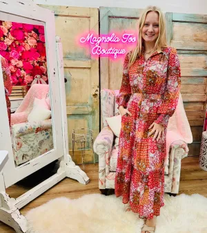 PATCHWORK PRINT CHIFFON BUTTON FRONT MAXI DRESS by FATE