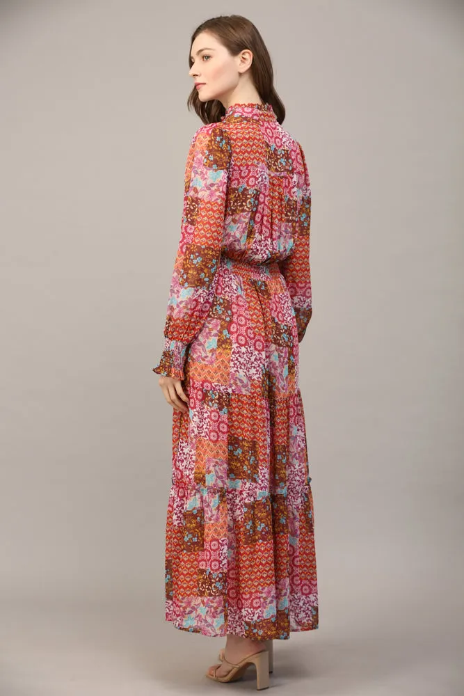PATCHWORK PRINT CHIFFON BUTTON FRONT MAXI DRESS by FATE