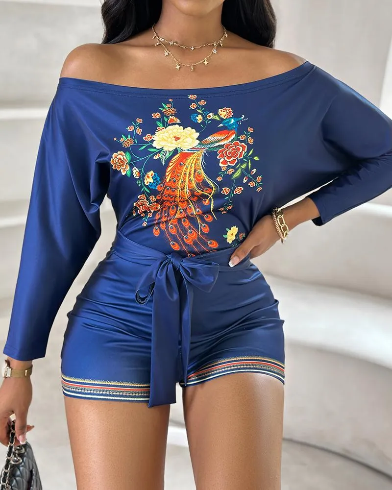 Peacock Floral Print Tied Detail Romper