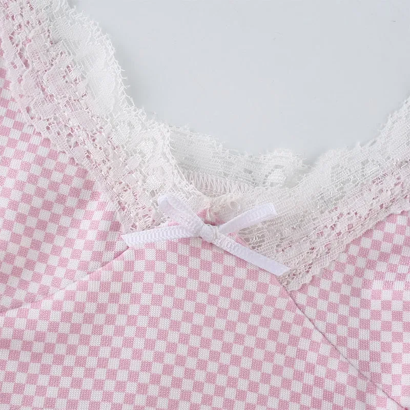 Plaid Pattern V Neck Sexy Rave Lace Bralette Crop Top Sleeveless