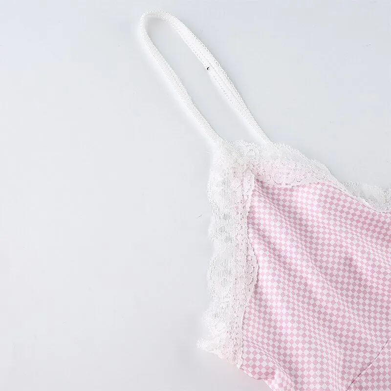 Plaid Pattern V Neck Sexy Rave Lace Bralette Crop Top Sleeveless