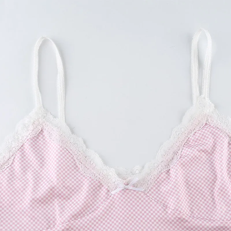 Plaid Pattern V Neck Sexy Rave Lace Bralette Crop Top Sleeveless